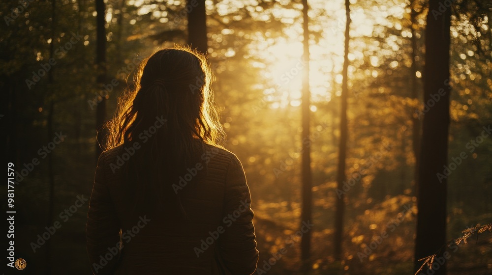 A person stands in a forest at sunset, surrounded by trees, evoking a sense of tranquility. A person stands in a forest at sunset, surrounded by trees, evoking a sense of tranquility.