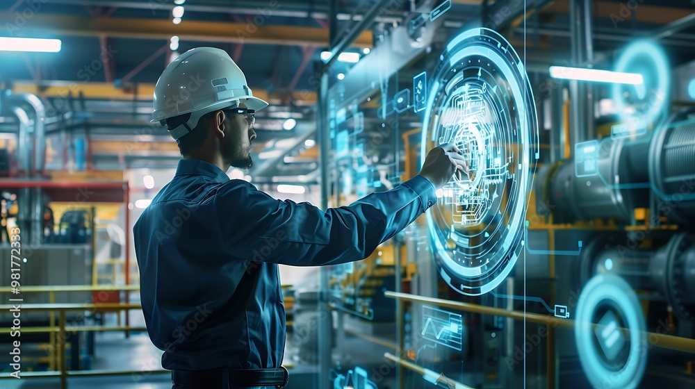 Industrial worker in a factory setting interacts with a digital interface. He is using his finger to touch a holographic display that displays technical information.
