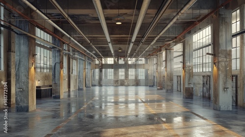 Interior of a converted warehouse, showcasing steel supports and visible ducts, open plan with industrial-style lighting and raw concrete floors