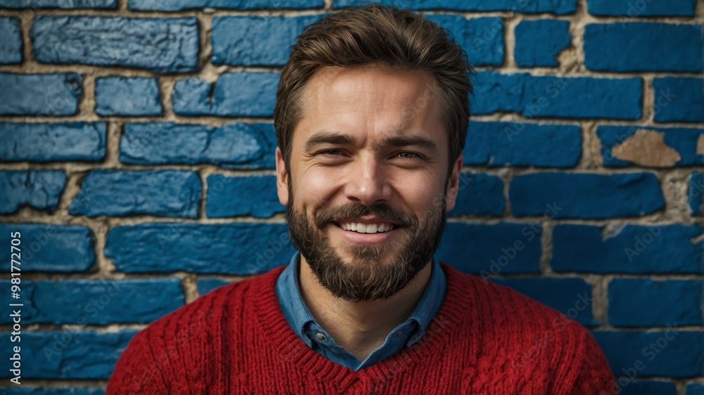 The man was happy beside the wall. The man was happy beside the wall.