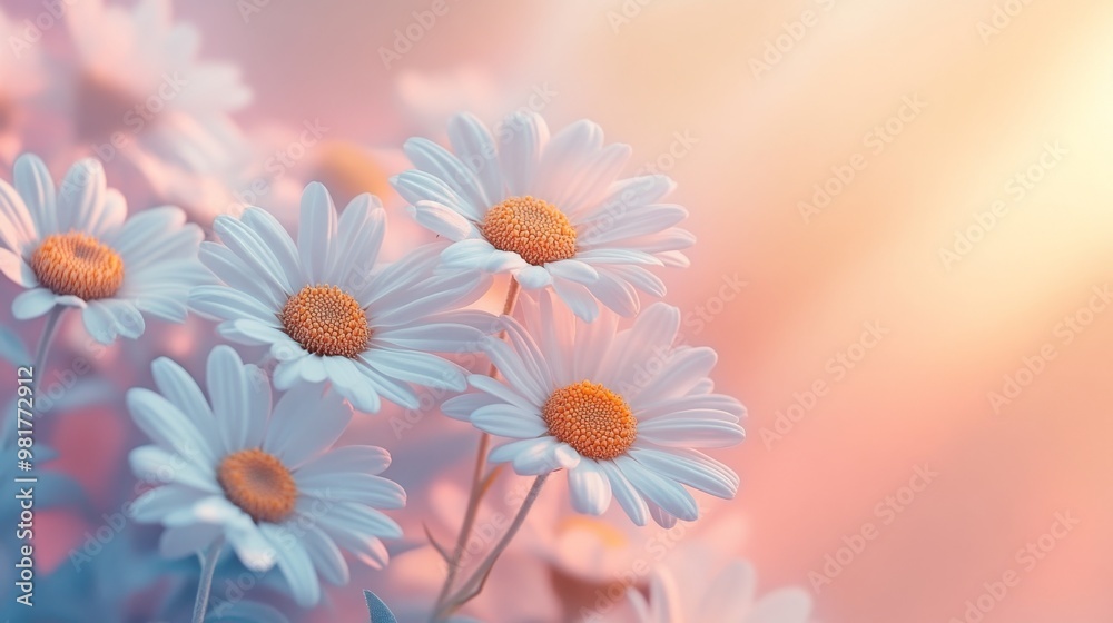 Fototapeta premium Close-up of White Daisies with Soft Pink and Orange Background