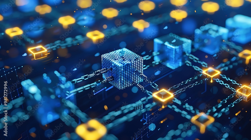 3D rendering of a blockchain network, showing interconnected cubes and chains representing the secure and decentralized nature of blockchain technology. 3D rendering of a blockchain network, showing interconnected cubes and chains representing the secure and decentralized nature of blockchain technology.