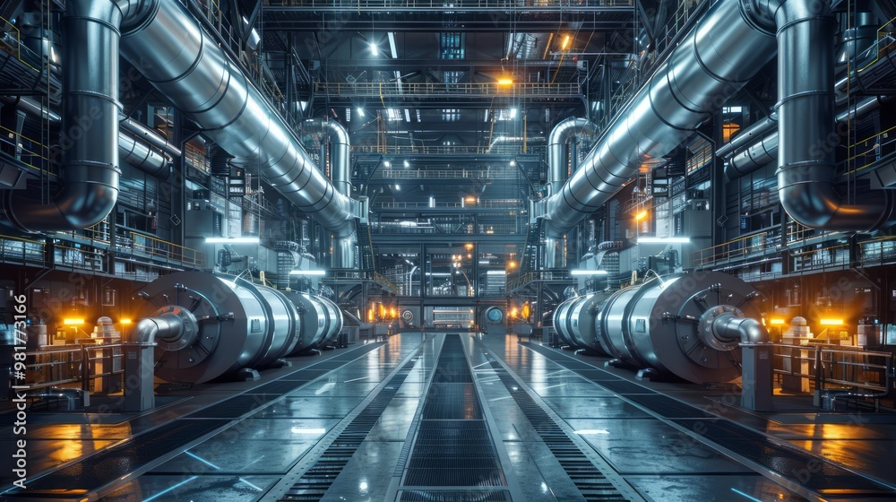 Obraz premium Interior of a high-tech industrial plant, featuring steel structures and visible ducts, sleek design with a focus on functionality and efficiency