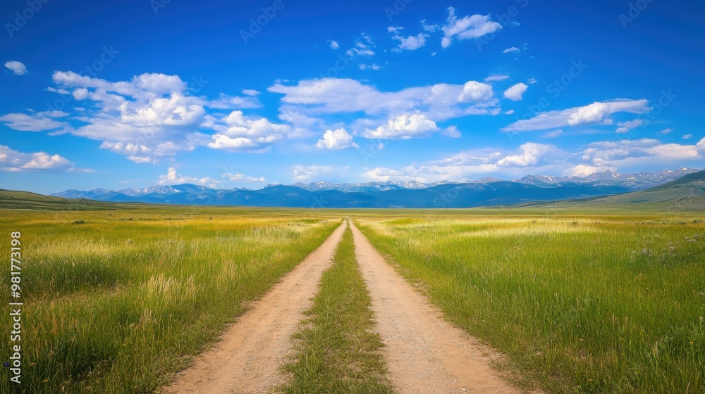A dirt road stretches through a grassy plain toward distant mountains under a vibrant blue sky. Serene and spacious A dirt road stretches through a grassy plain toward distant mountains under a vibrant blue sky. Serene and spacious