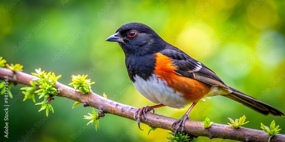 A striking Rufous-sided Towhee sits gracefully on a branch, surrounded by the vibrant greenery of its North American