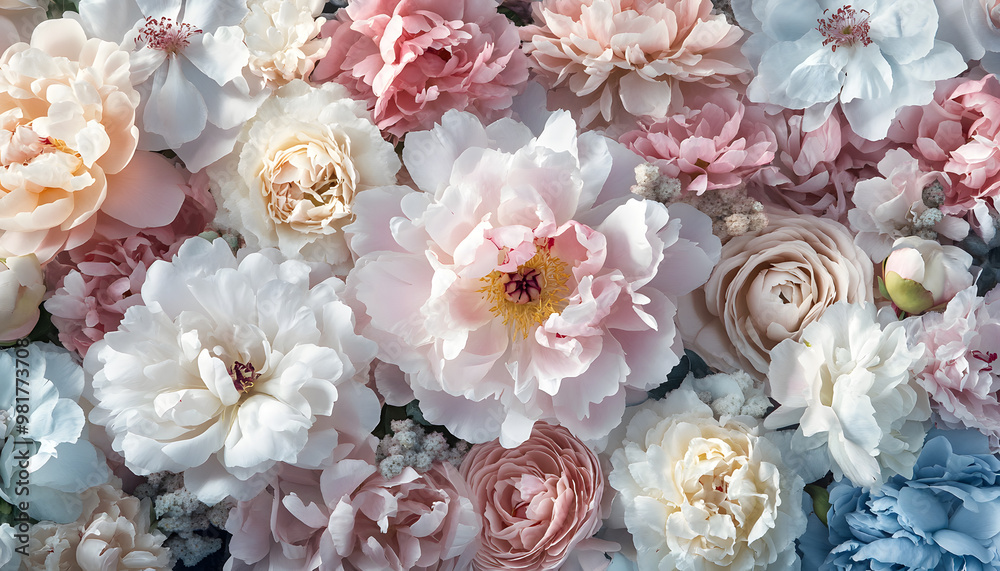 Soft, blooming peonies and roses in pastel shades, adding a delicate and feminine touch Soft, blooming peonies and roses in pastel shades, adding a delicate and feminine touch