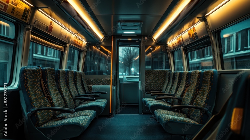 Fototapeta premium A dimly lit train interior with empty seats, evoking a sense of solitude and travel.