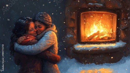 Heartwarming moment  mother and child embrace by the fireplace on a cozy winter evening photo