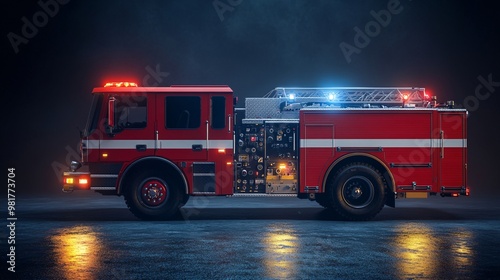 A fire truck in profile view illuminated against a dark background.