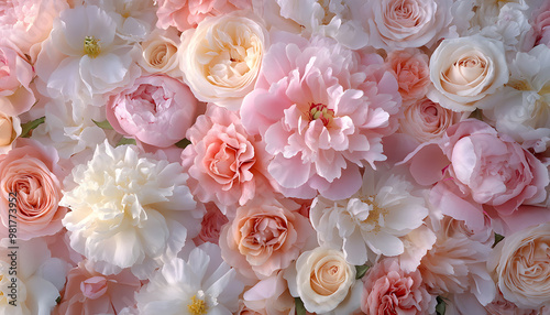 Soft, blooming peonies and roses in pastel shades, adding a delicate and feminine touch
