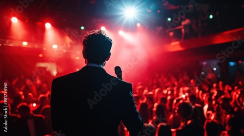 A performer addresses a lively audience under dramatic lighting.