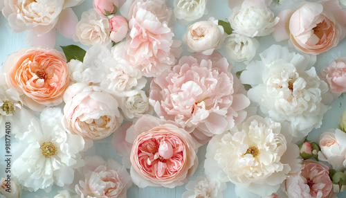 Soft, blooming peonies and roses in pastel shades, adding a delicate and feminine touch