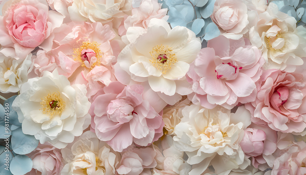 Obraz premium Soft, blooming peonies and roses in pastel shades, adding a delicate and feminine touch