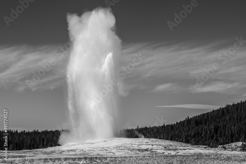 Black and white landscape photograph of old faithful eruption at Yellowstone National Park  photo