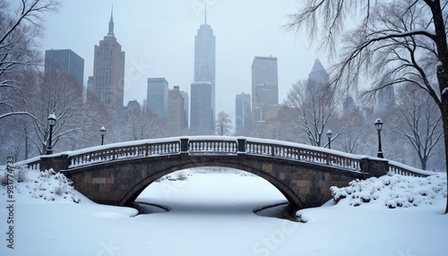 Snowy bridge in a city park with a cityscape skyline in the background photo