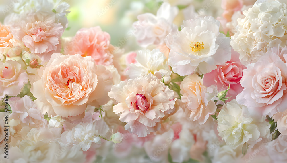Soft, blooming peonies and roses in pastel shades, adding a delicate and feminine touch Soft, blooming peonies and roses in pastel shades, adding a delicate and feminine touch