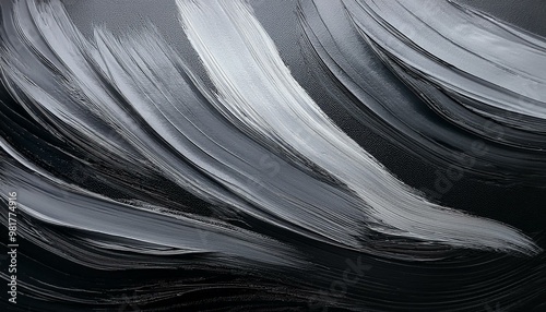 Close-up of bold black and white paintbrush strokes on canvas, creating a textured abstract pattern with flowing motion.