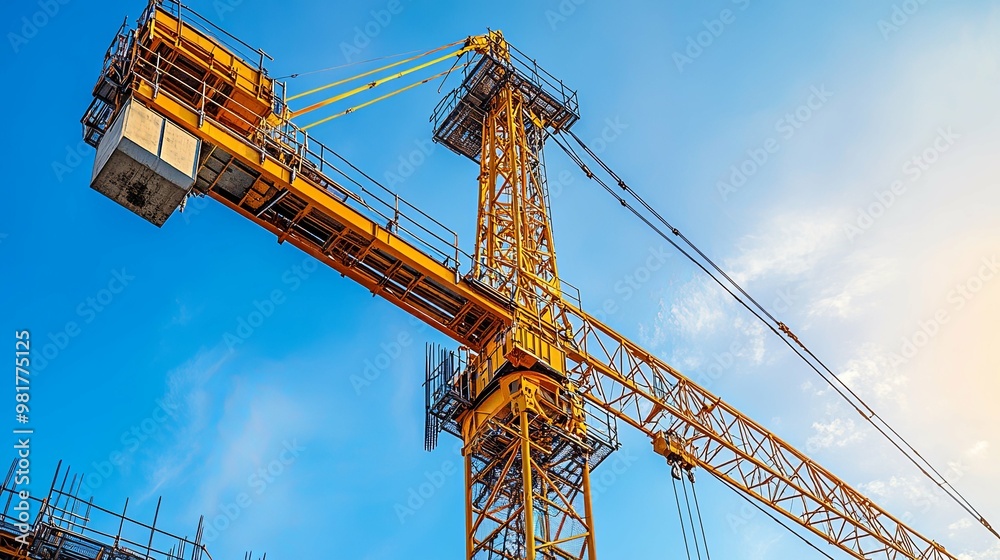 Yellow Construction Crane Against a Blue Sky Yellow Construction Crane Against a Blue Sky