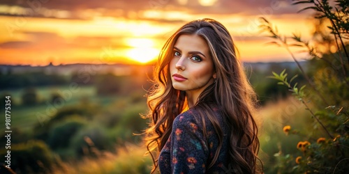 Beautiful brunette woman with long hair posing gracefully outdoors in a natural setting at sunset