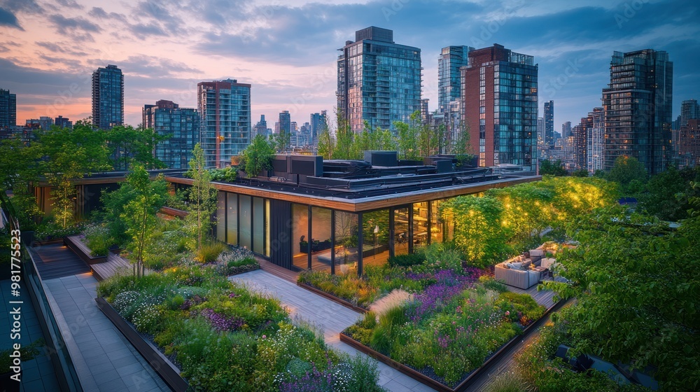 Fototapeta premium A rooftop garden in an urban setting, showcasing greenery and modern architecture.