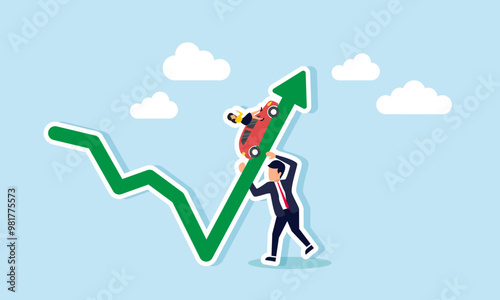 A businessman supporting a chart while a red car with a businesswoman drives over it, illustration of the growth of company assets