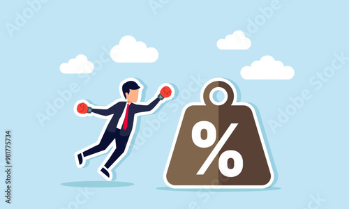 A businessman wearing boxing gloves trying to punch a percentage weight, illustration of the effort to reduce a company expense percentage