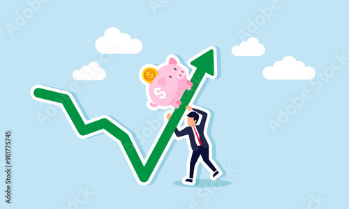 A businessman supporting a chart while a piggy bank moves over it, illustration of the growth of dividends or capital gains from investment assets