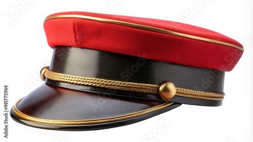 Black and red train conductor cap with gold trim and bill on white background photo