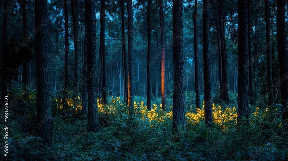 Obraz premium A serene forest scene illuminated by soft, warm light amidst tall trees and vibrant foliage.