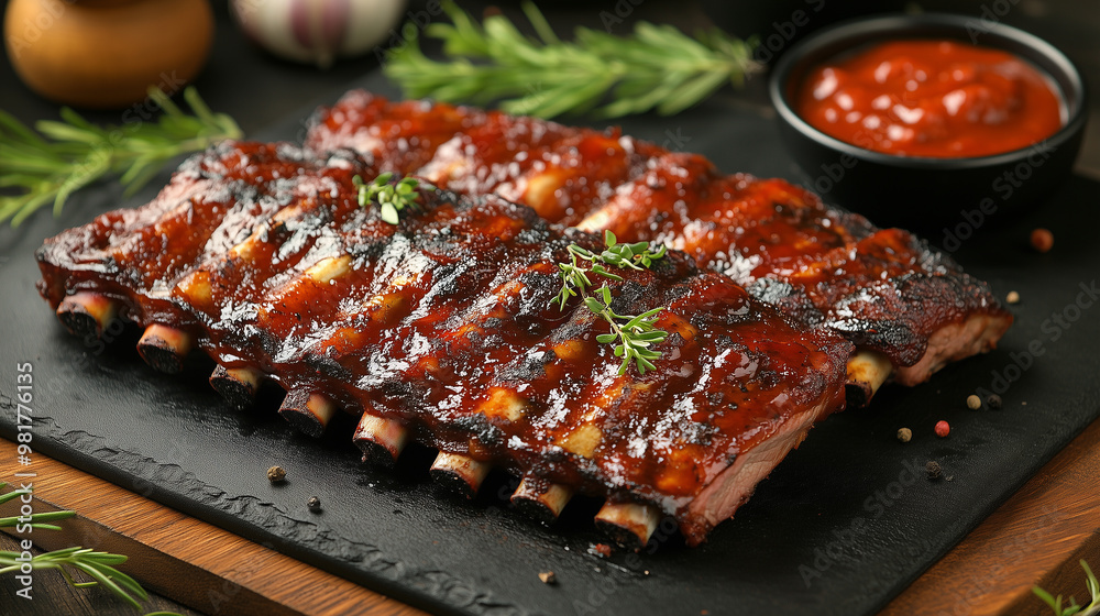 Delicious barbecue ribs glazed with rich sauce, garnished with fresh herbs, served on slate platter alongside bowl of tangy sauce.
