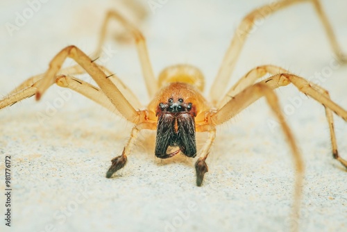 Yellow sac spider standing on white floor surface.
