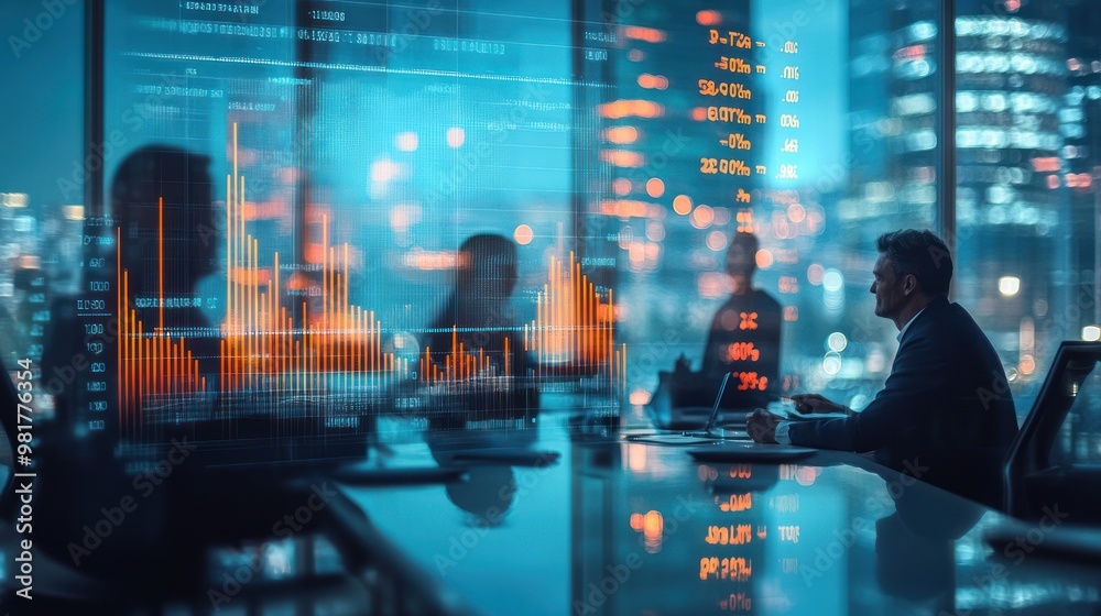 A business meeting in a modern office with data visualizations and city skyline background.