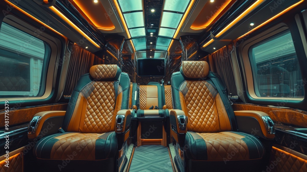 Fototapeta premium Luxurious interior of a high-end van featuring leather seats and ambient lighting.