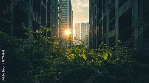 A sunlit urban landscape overtaken by nature, showcasing the contrast between buildings and greenery. photo