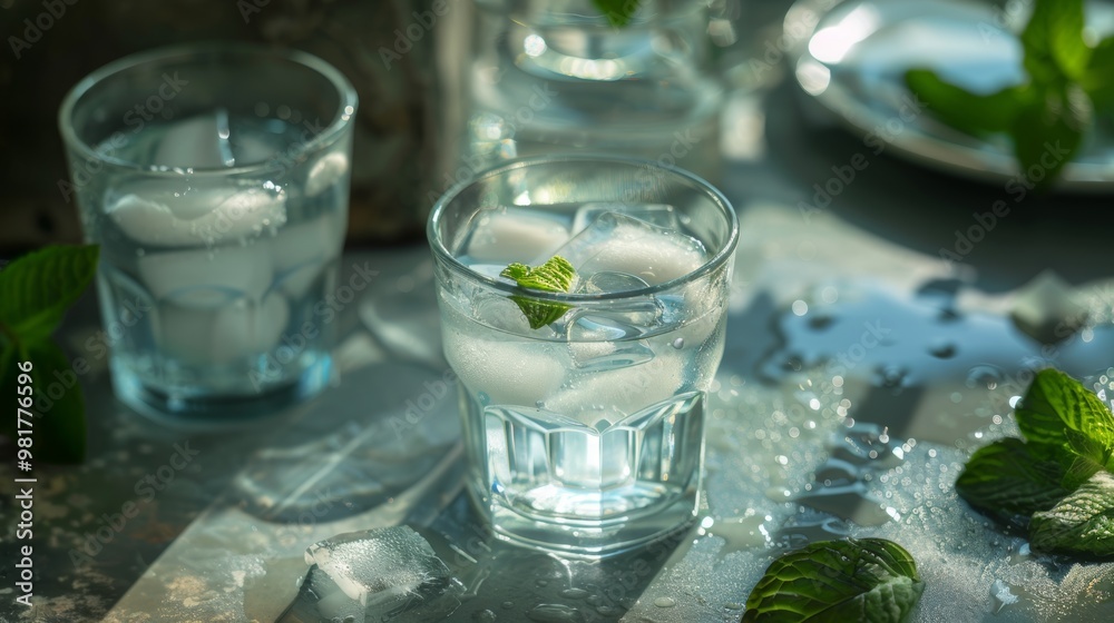 Chilled Glass of Fresh Summer Drink with Mint Leaves on Rustic Table Chilled Glass of Fresh Summer Drink with Mint Leaves on Rustic Table