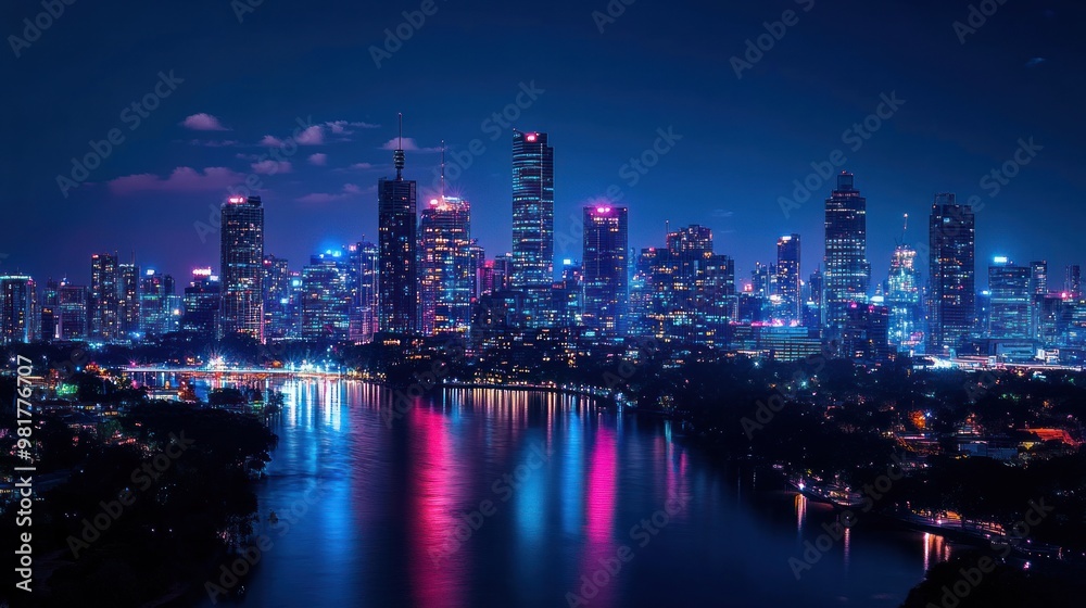 Fototapeta premium A vibrant city skyline illuminated at night, reflecting in a calm river.
