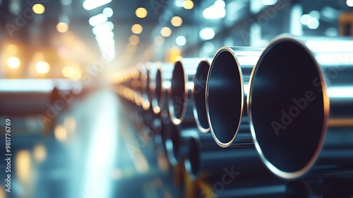 Modern Warehouse with Rows of Steel Pipes