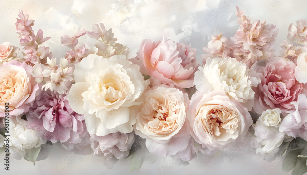 Soft, blooming peonies and roses in pastel shades, adding a delicate and feminine touch