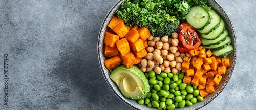 A vibrant bowl of fresh vegetables, avocado, and sweet potato with chickpeas for an eco-friendly meal on a gray background. The photo showcases the colorful arrangement of organic ingredients 