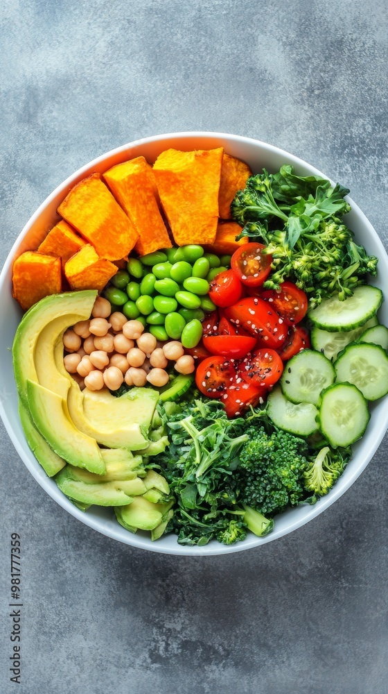 A vibrant bowl of fresh vegetables, avocado, and sweet potato with chickpeas for an eco-friendly meal on a gray background. The photo showcases the colorful arrangement of organic ingredients A vibrant bowl of fresh vegetables, avocado, and sweet potato with chickpeas for an eco-friendly meal on a gray background. The photo showcases the colorful arrangement of organic ingredients
