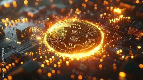 Golden Bitcoin on a Digital Circuit Board with Shining Connections