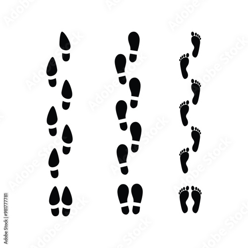 Different human footprints. Imprint soles shoe silhouette. adults steps Flat style collection. Human footprints icon set.