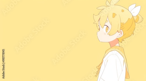 A cute anime boy with yellow hair styled in a bun, wearing a white shirt