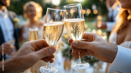 Celebratory toast with champagne in a spring garden setting for events and celebrations