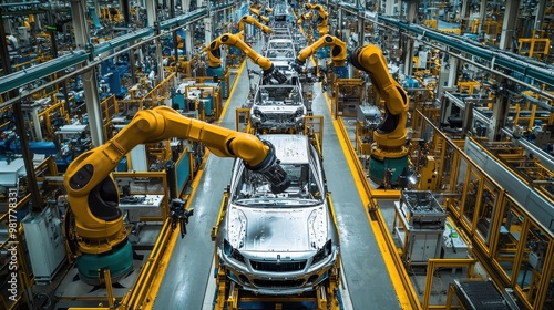 Aerial view of a modern automotive factory with robotic arms and clean assembly lines