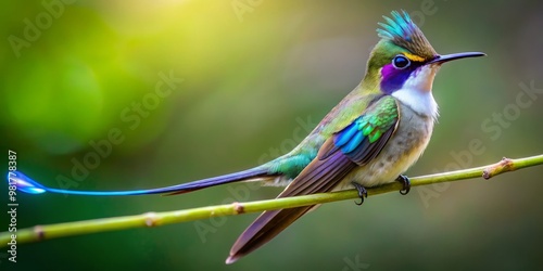 Close-up of a spatuletail hummingbirds' iridescent plumage with blurry background photo