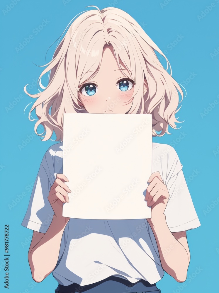 Naklejka premium A cute girl with short blonde hair and blue eyes holds up a blank sheet of paper in front of her face while wearing an oversized white t-shirt.