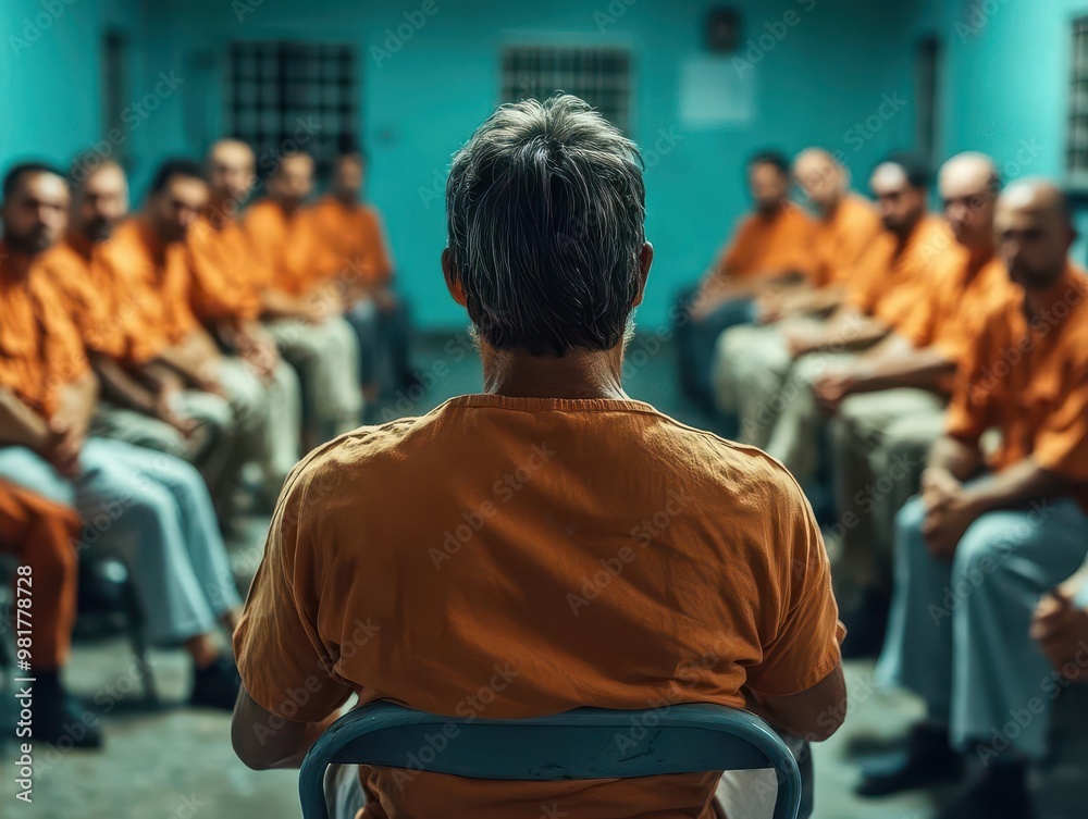 Rear view of a man in an orange prison uniform leading a group therapy session in a prison. Rear view of a man in an orange prison uniform leading a group therapy session in a prison.