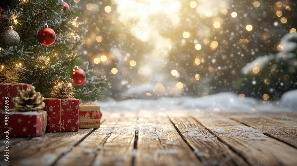 Close up of a festive christmas scene with a tree, gifts, and a snowy garden background