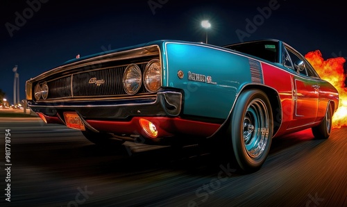 Muscle Car Accelerating with Flames Erupting from the Engine – Power and Speed Unleashed